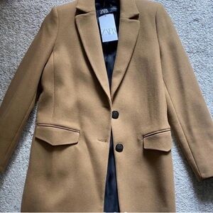 Zara Tan Blazer Wool Blend Structured Design
